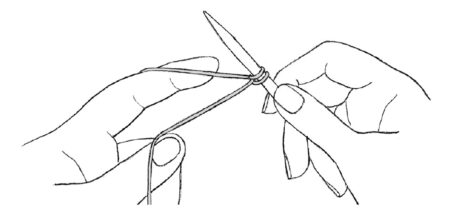 black and white illustration of two loops cast on to a knitting needle with yarn…